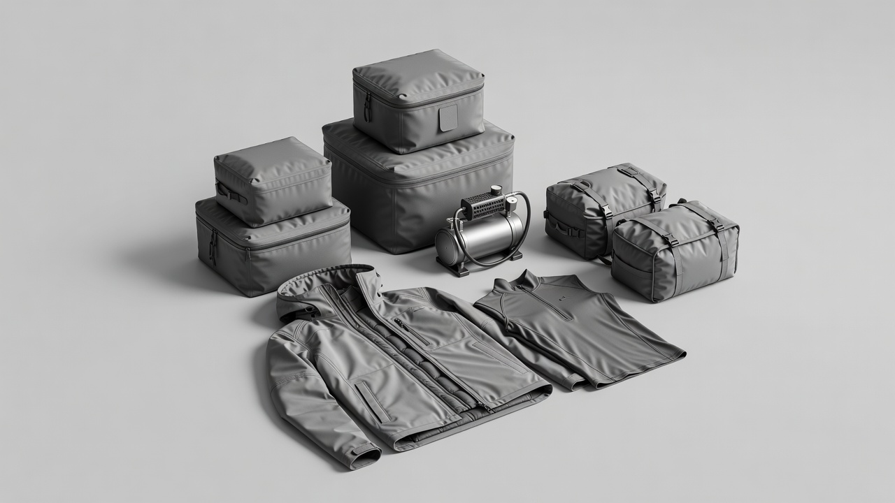 Softly lit 3D render of modular motorcycle clothing layers, waterproof dry cubes, a compact tyre compressor, and soft panniers on a plain studio backdrop