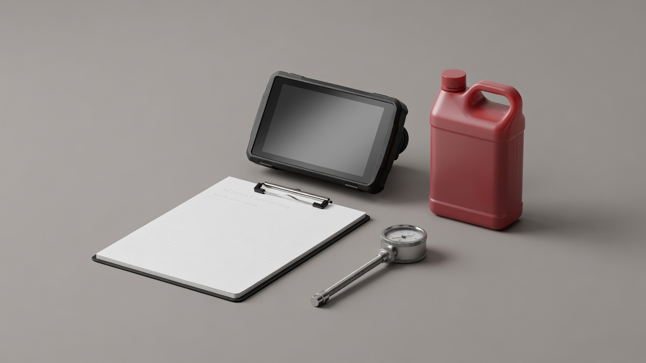 Soft-lit 3D render of a handlebar GPS navigator, a clipboard roadbook sheet, a tyre gauge, and an auxiliary fuel bottle on a neutral surface