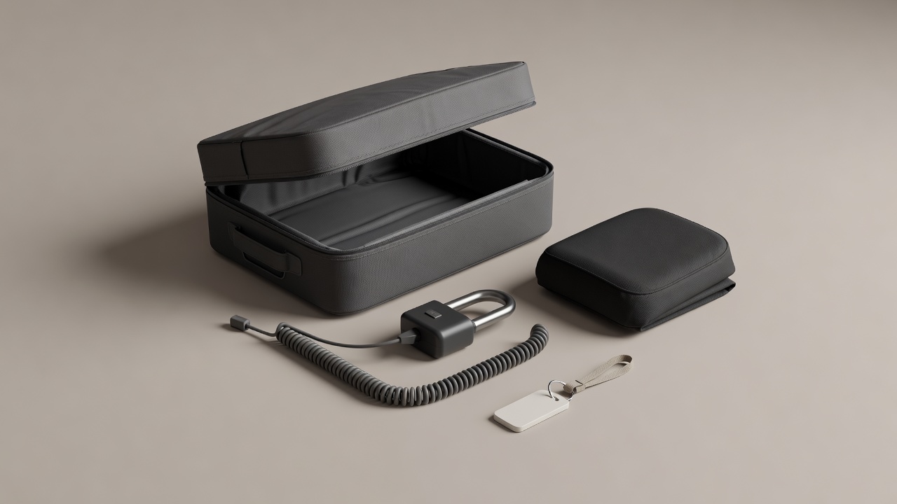 Soft-lit 3D render of a single lift-out inner luggage cube, a heavy-duty disc lock with reminder cable, a compact half-cover, and a room key tag