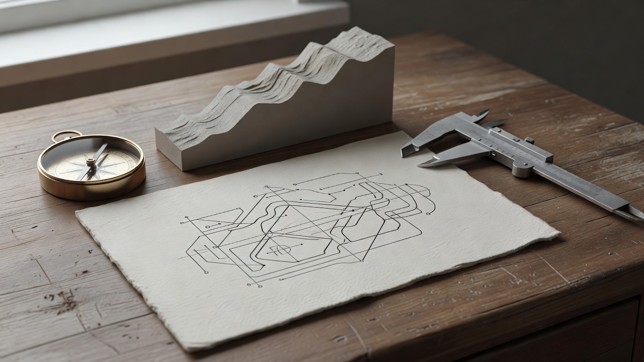 Softly lit 3D render of a schematic paper route card alongside a compass, elevation profile block, and touring callipers on a desk